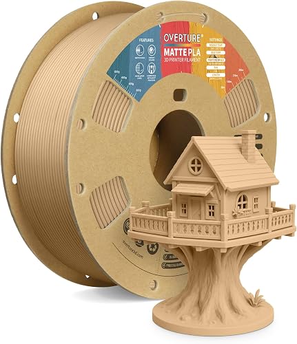 OVERTURE Matte PLA 3D Printer Filament 1.75mm, Matt Surface & Low Warping Filament 1kg Spool (2.2 lbs), Accuracy +/- 0.02 mm, Fit Most FDM Printers (Matte Light Brown)