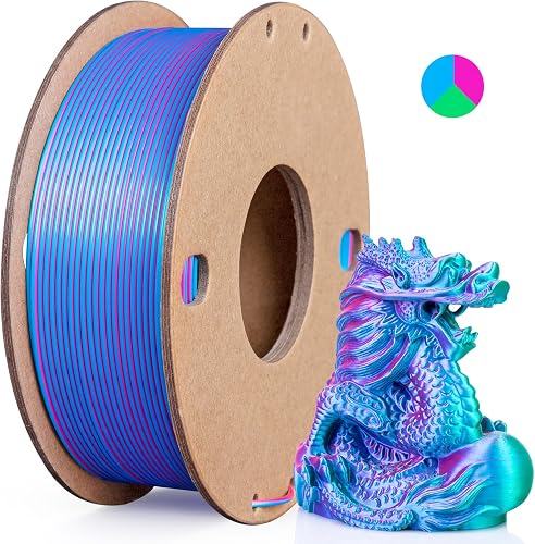 3Dgenius Silk Triple Color PLA Filament 1.75mm, 3-in-1 Coextruded Shiny Multicolor 3D Printer Filament, 250g(0.55lbs) Spool, Silk Rose Red/Sky Blue/Green, Clog-Free & Bubble-Free for FDM 3D Printers